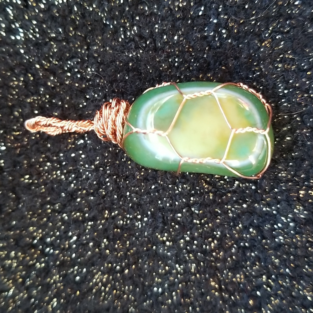 green and yellow agate copper wire wrapped stone